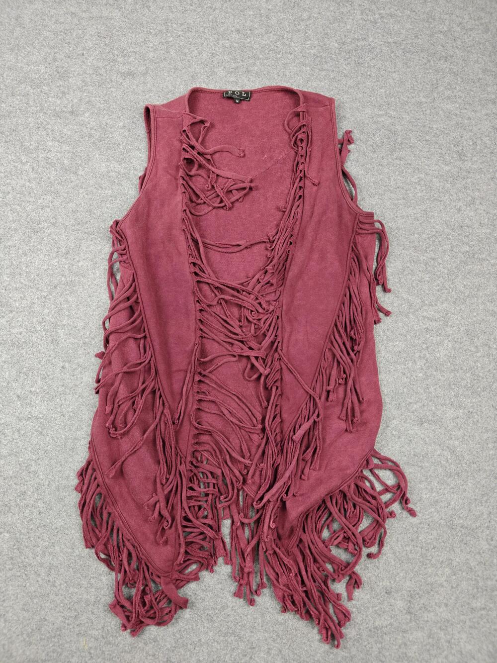 POL Vest Womens Medium Red Cotton Fringe Kimono Open Front Longline Boho Western